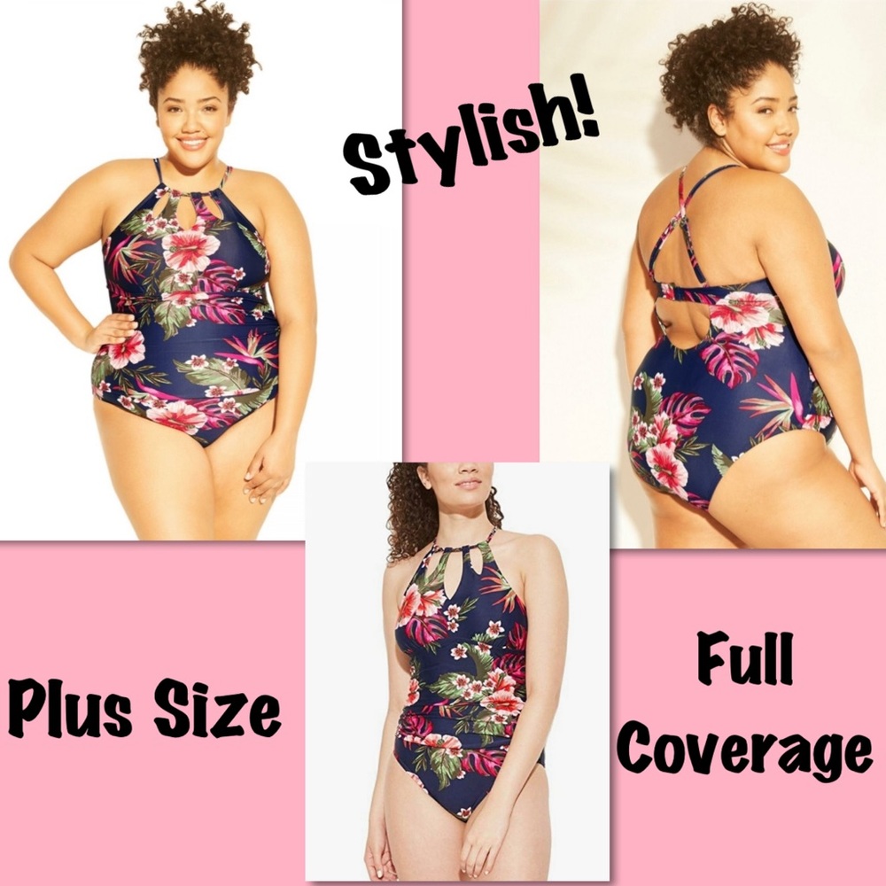 Kona Sol Full Covg 1 Pc Plus Sz Women’s Sz 18, 20, 24 Navy Floral Swimsuit NWT